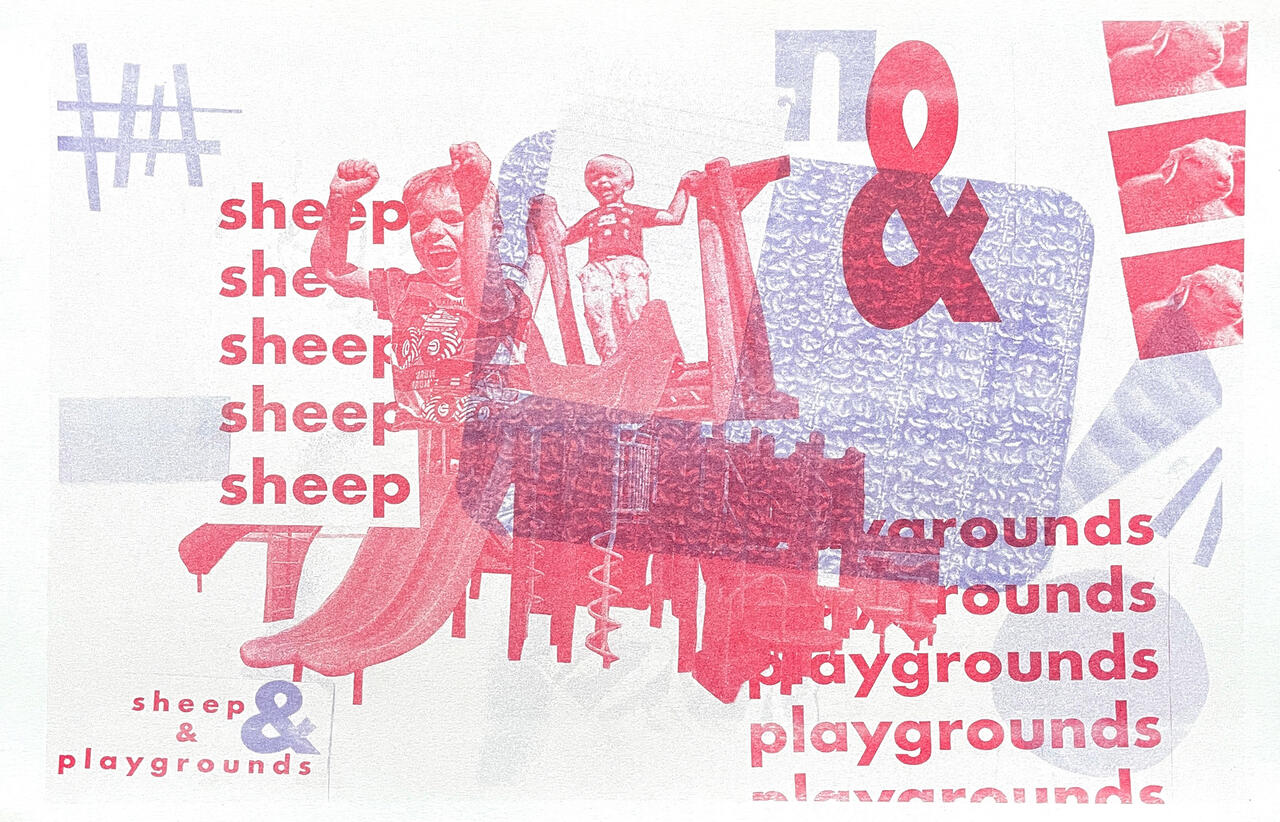Graphic collage style image with the words sheep and playgrounds written across
