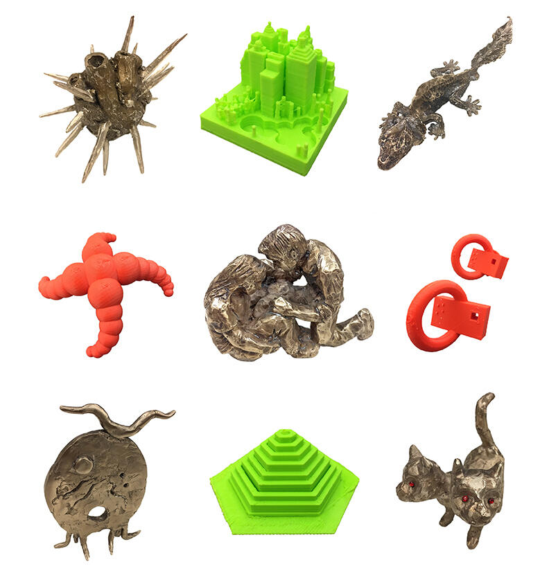 Collection of 3D objects of bronze and plastic created by the 3D Foundation students
