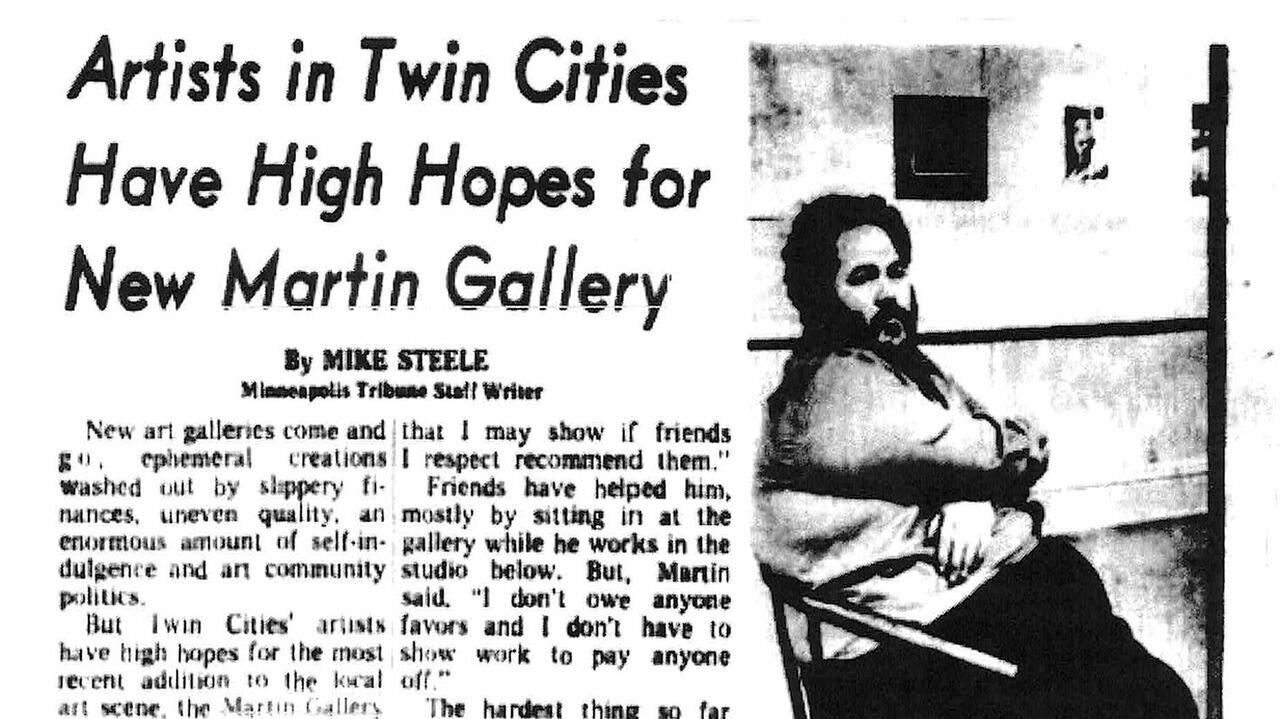 An old newspaper entry featuring a picture of a man sitting in a chair and bold text that states "Artists in Twin Cities Have High Hopes for New Martin Gallery"