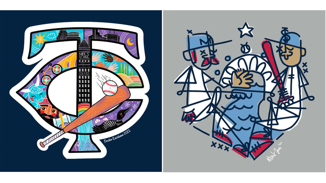 Two designs are shown, The first design has a gray background with stick looking abstract characters who are dressed like baseball players. The second one is the Twins logo with many different brightly colored baseball inspired illustrations 