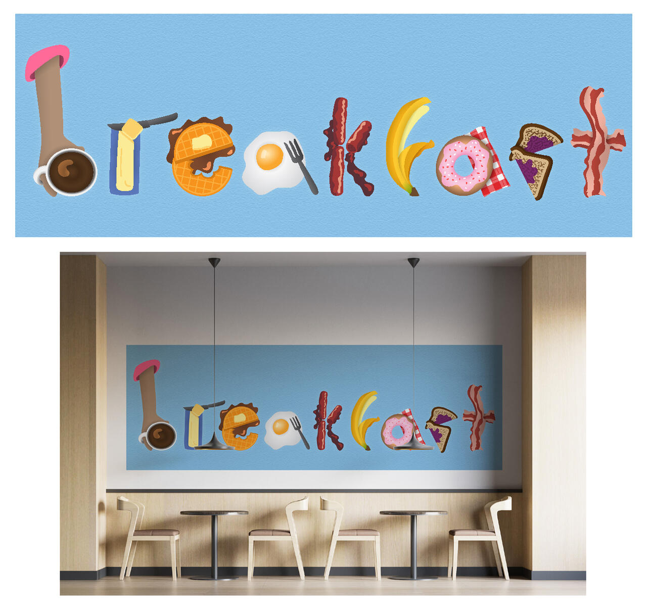 breakfast typography. Each letter resembles a popular american breakfast item