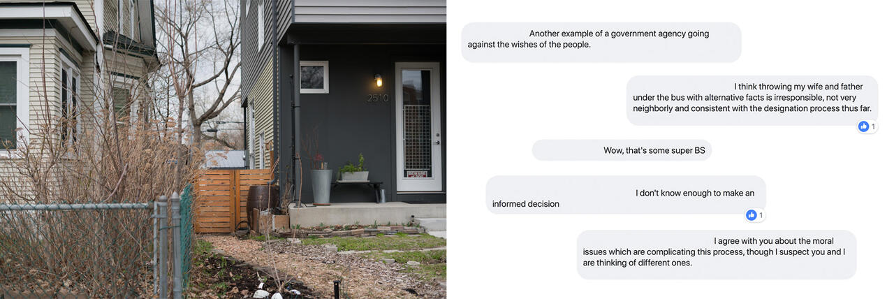 Left: image of a house; right: screenshot of a text conversation