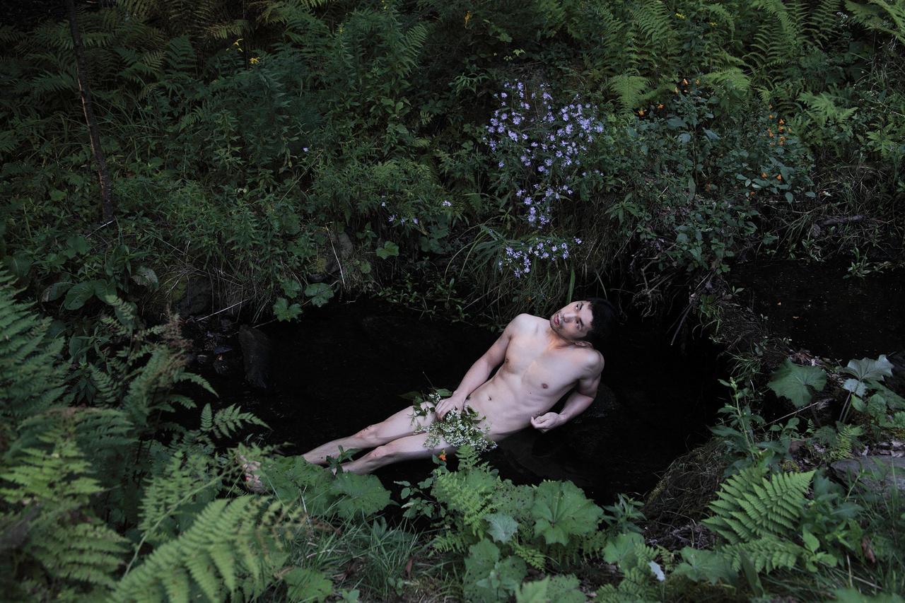 A nude man with short black hair is laying in a small pond surrounded with a variety of foliage and he is also holding a branch of greens over his genetalia
