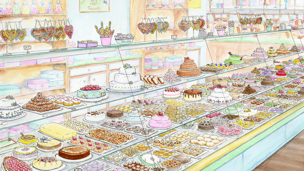 A brightly colored watercolor painting of a bakery's glass case filled with different baked goods
