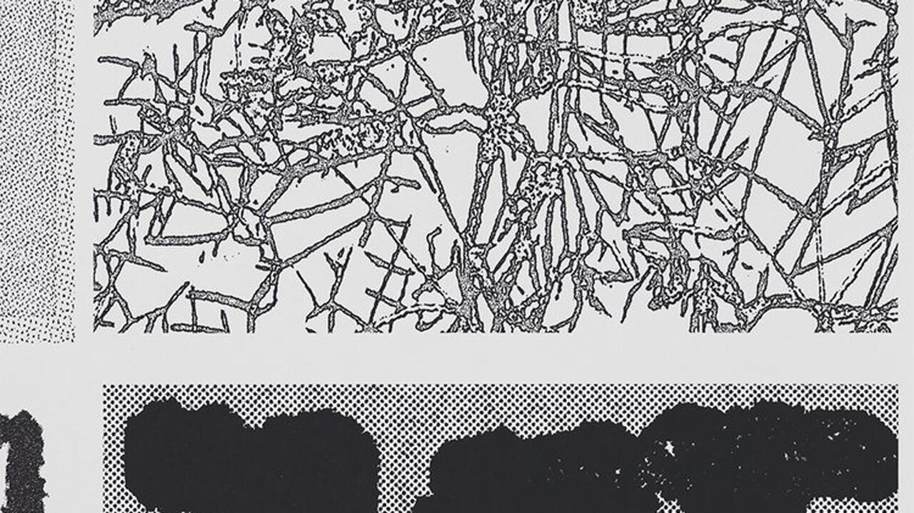 A black and white print featuring small geometric lines and large black blobs