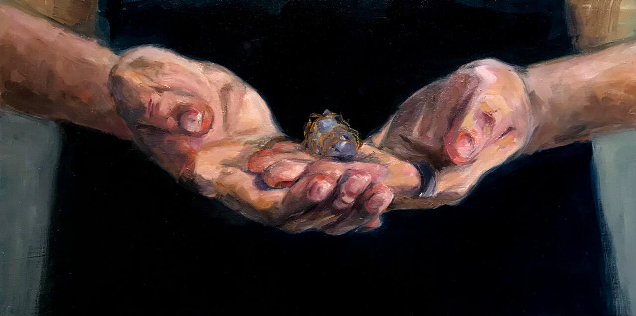 Self portrait by Sally Carr, a painting of two hands holding a crystal