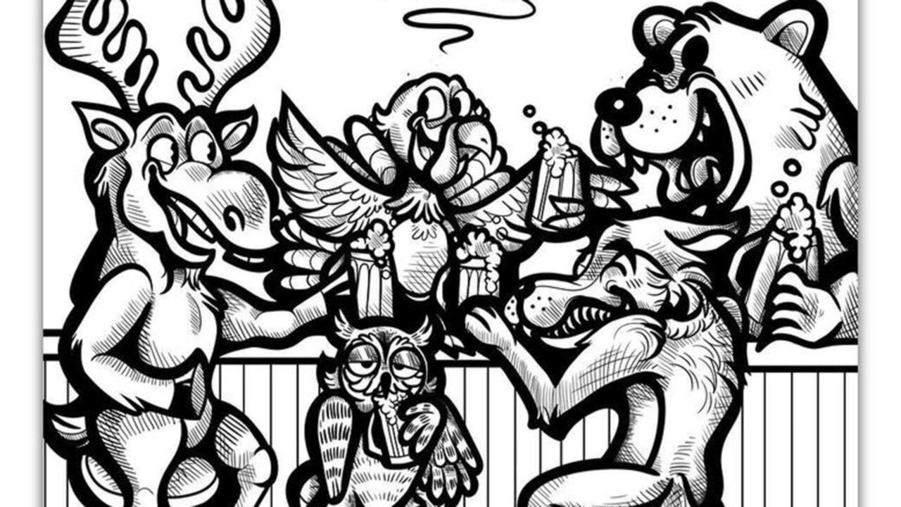 Black and white digital illustration of several animals all around a bar drinking. 