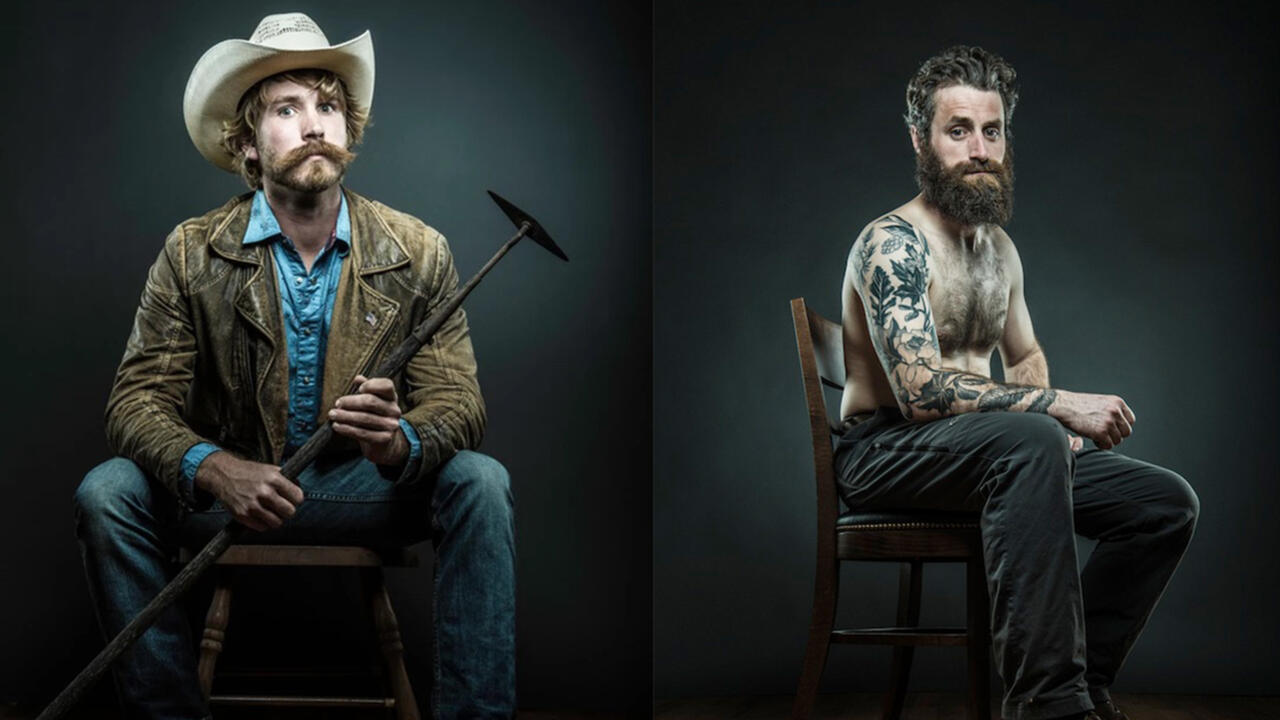 Two photographs side by side of straight faced bearded men sitting in chairs, one of which is not wearing a shirt and has a sleeve of tattoos and the other is wearing a cowboy hat and holding a farming tool