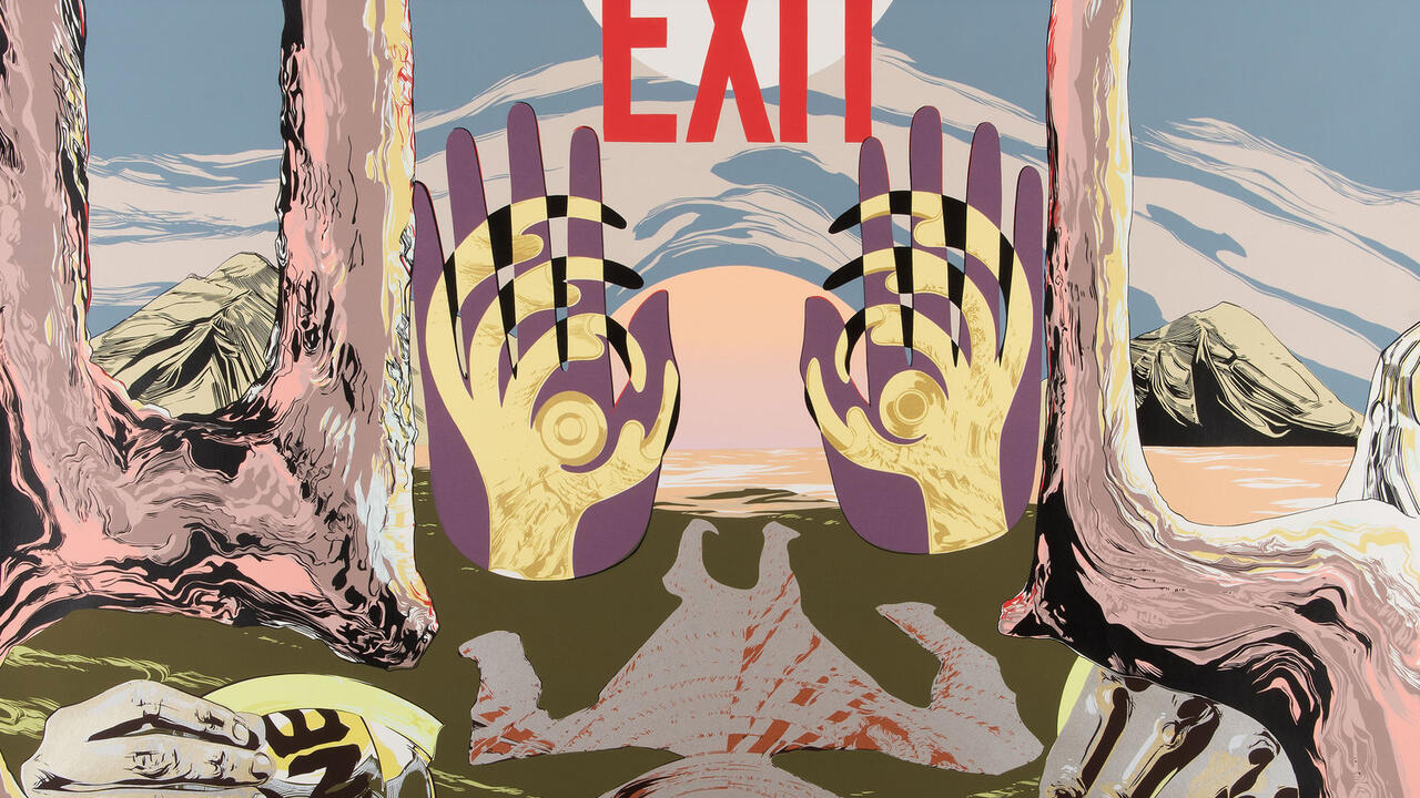 An abstract art piece by Andrea Carlson featuring an exit sign at the top, hands with cut out patterns in them and a variety of different oblong shapes and several other pairs of hands