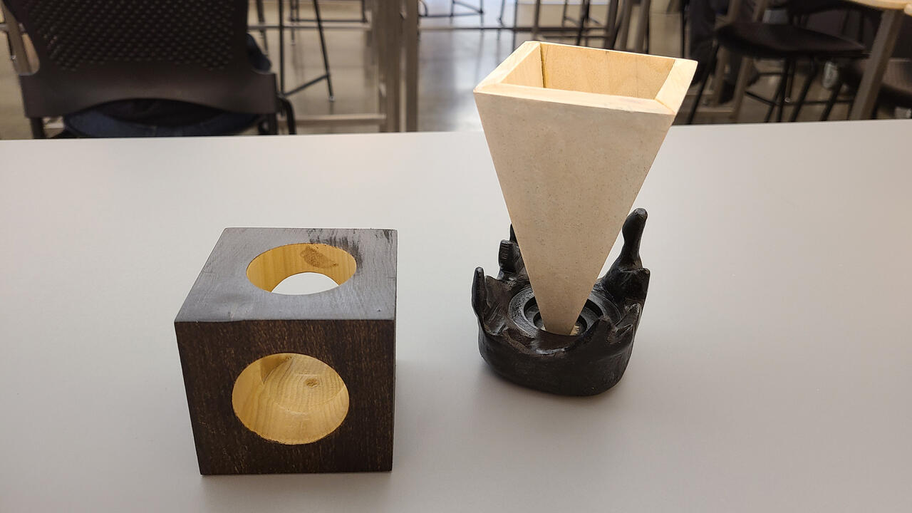 Cube and Splash wooden sculptures by Andy Carey
