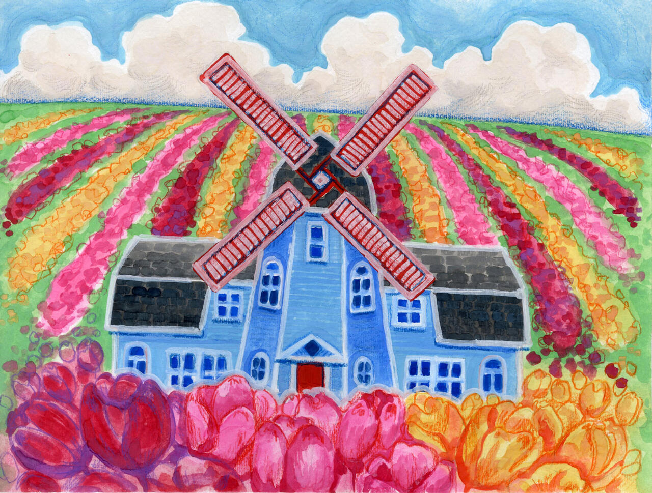 Windmill painterly illustration by Emma Crosby
