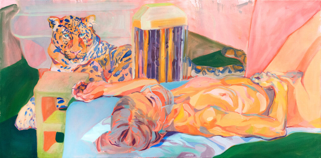 Painting of a person laying with a tiger