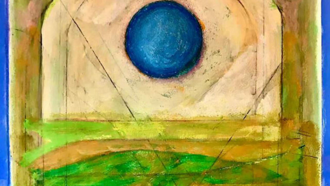 Watercolor painting of different geometric shapes, a green bottom with different greens, tans and a large blue ball in the top middle of the painting