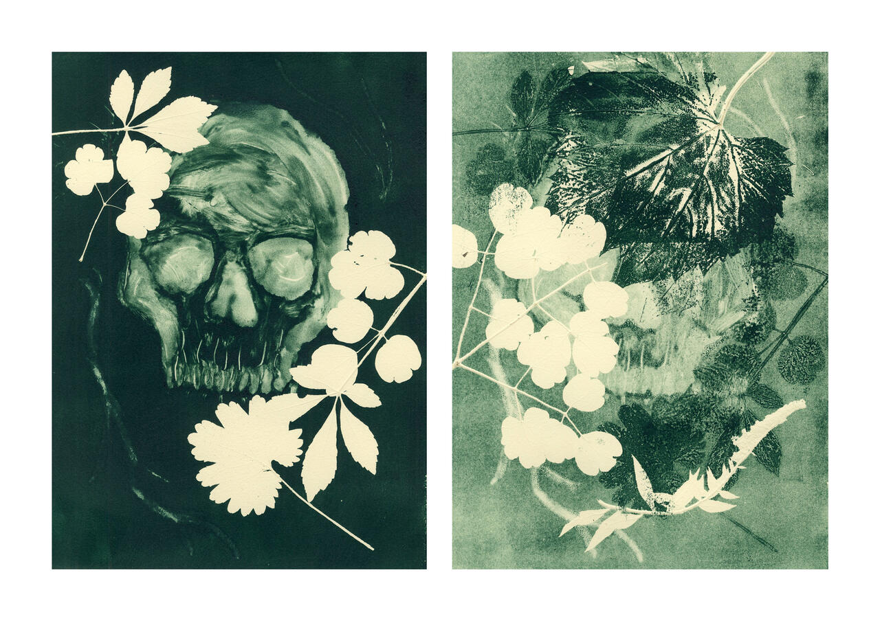 Skull monotype print by Margaret Barath-Lane