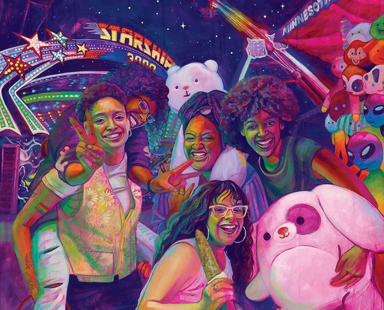 An oil painting of people at the state fair in front of rides and holding prizes
