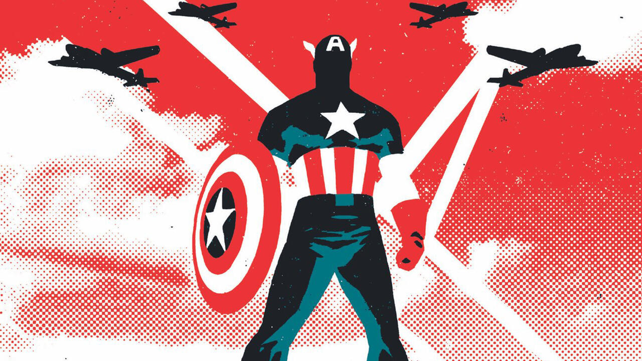 A silhouette of Captain America with several of the decals on his chest , shield and head, the background is red with fighter jets in it