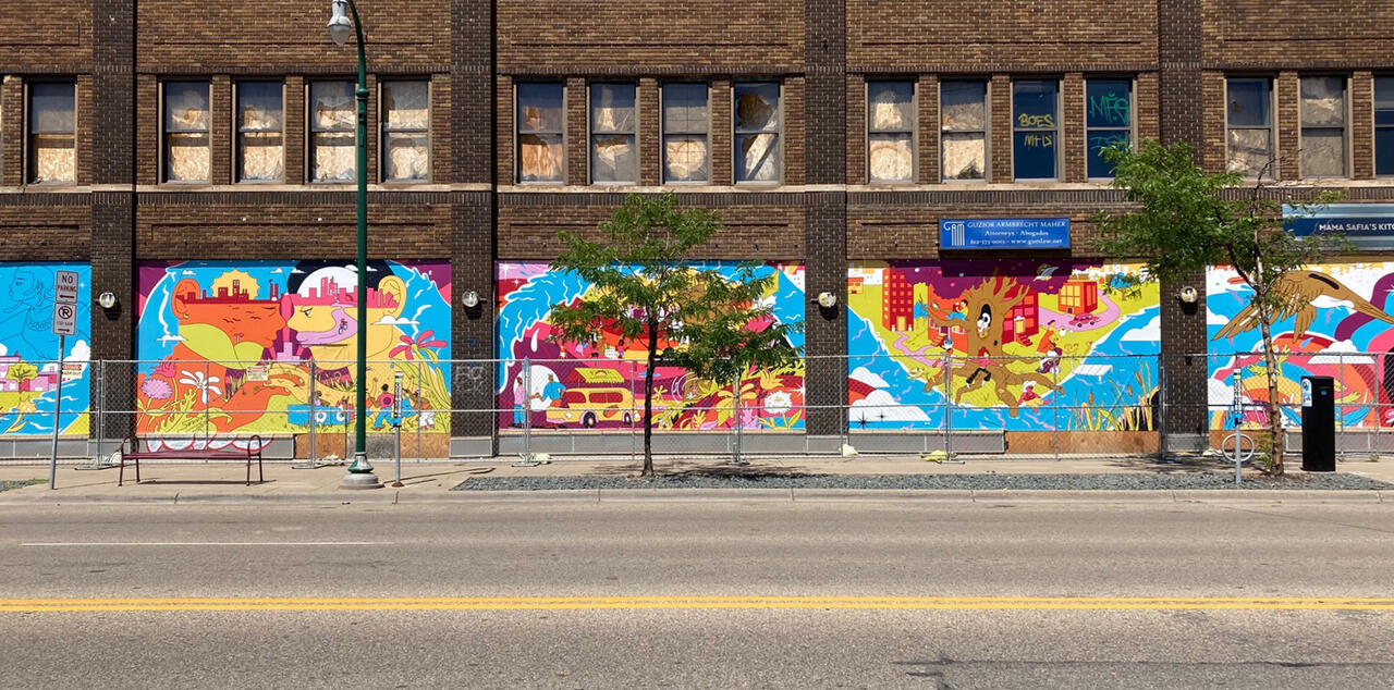 Brightly colored mural featuring surreal scenes