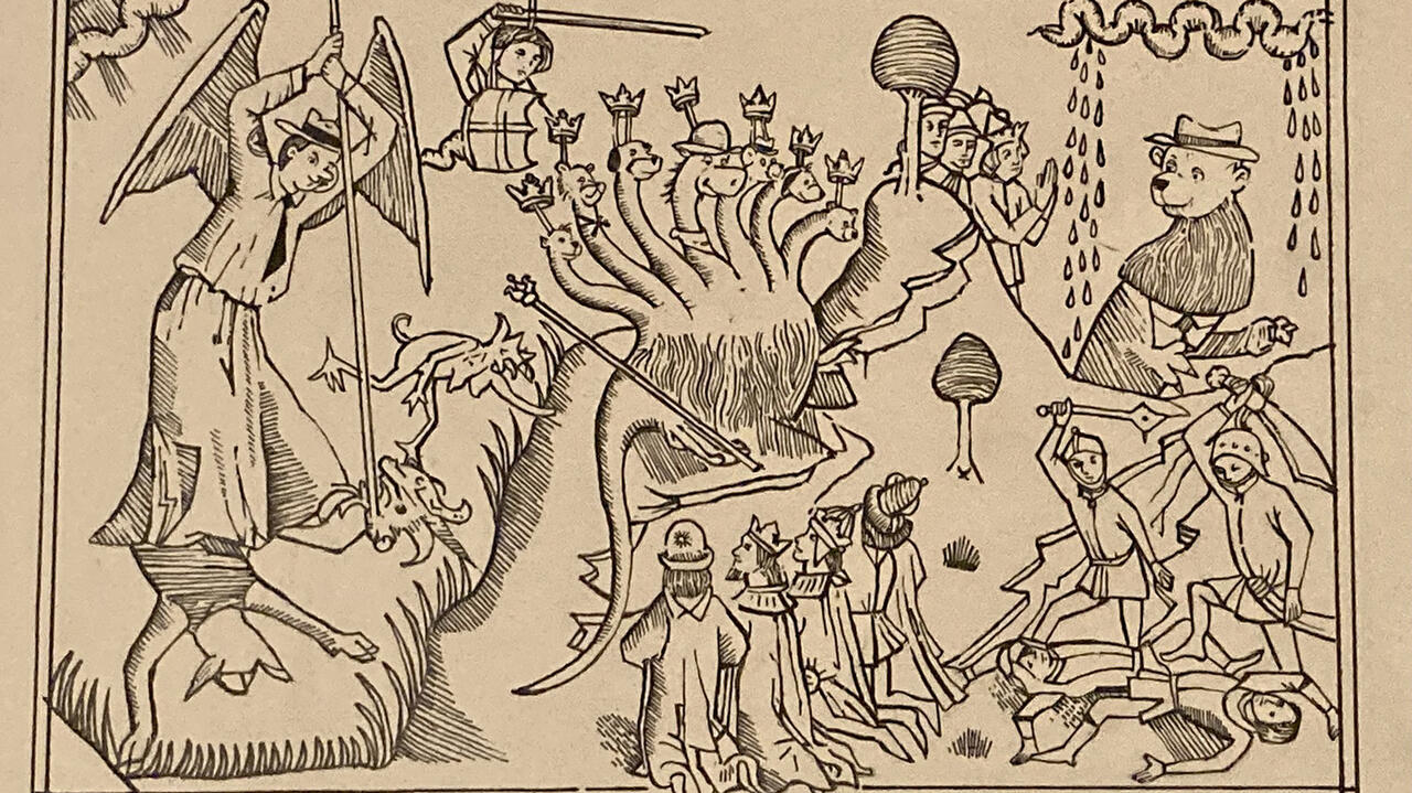 An ink drawing of a large many headed monster and several other creatures all looking towards a bear with a raincloud over its head
