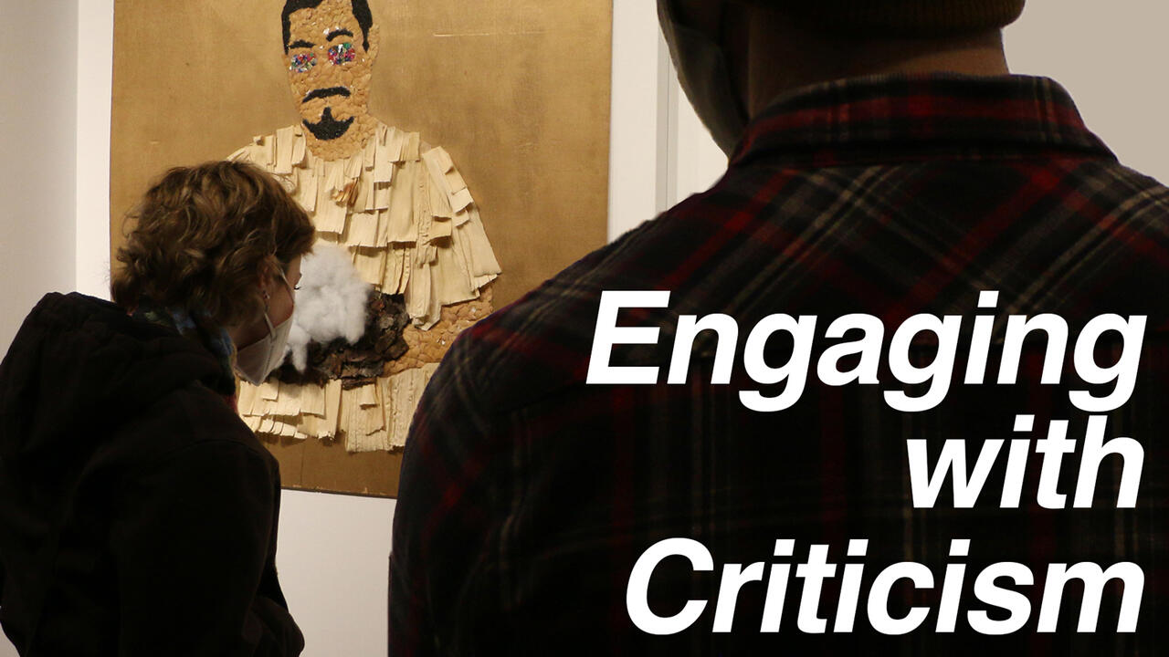 A silhouette of someone stands in the right corner and in-front of the shadow it reads "Engaging with Criticism" and in the right corner there is a figure hunched over looking at a collaged art peice