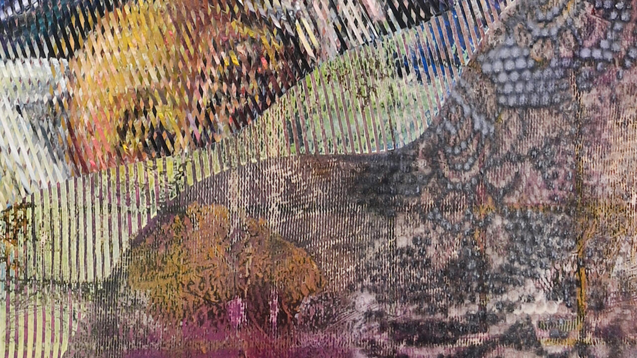 Close up on a painting that is made up of different painted on textures, the colors are all muted