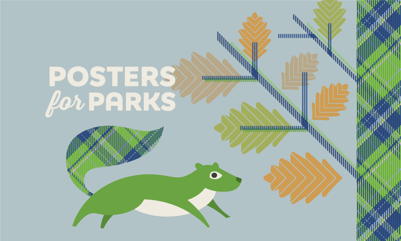 A promotional image for Posters for Parks, including a green squirrel with a plaid tail