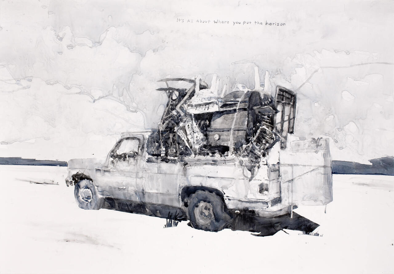 Black and white painting of a truck by David Rathman