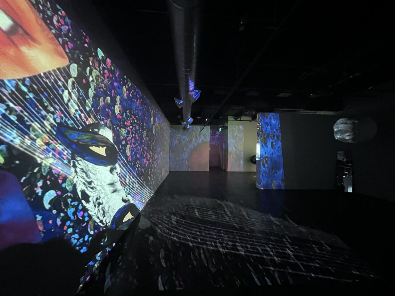 An image of a dark gallery-type hallway with video and lights displayed in an artistic manner