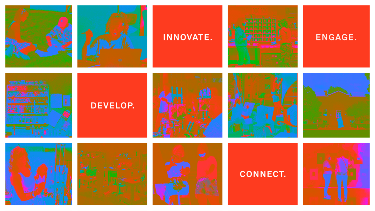 Grid of color treated photos and red squares reading innovate, engage, develop, connect