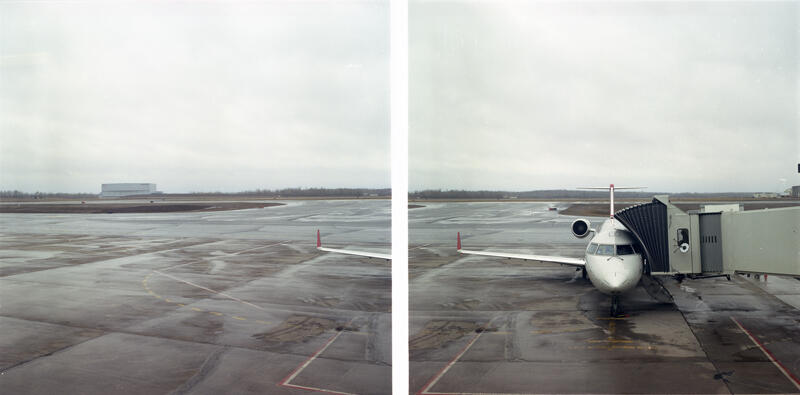 Two images consisting of an airport runway, with a boarding airplane.