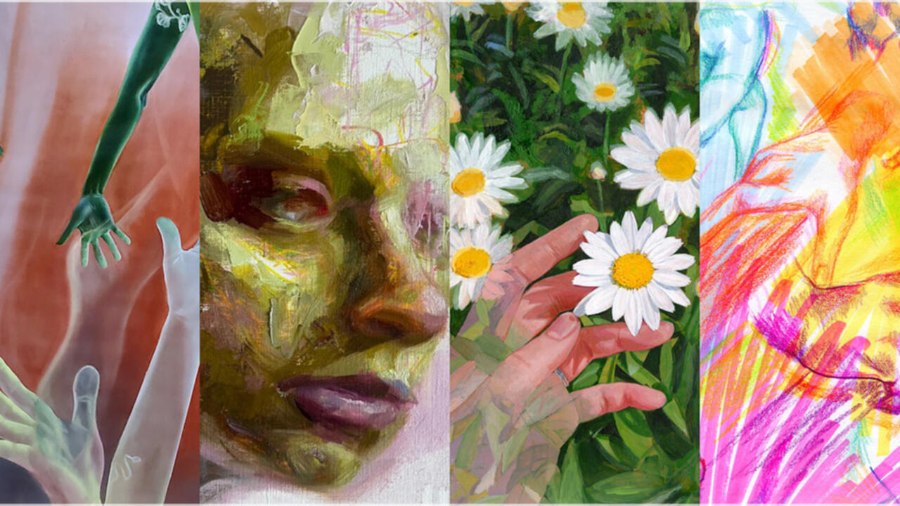 Four different lined up art pieces. The first is a photo edited image of different hands reaching, then a green oil painting of a face, a hand holding a flower, and then different colored pencil hands in vibrant colors