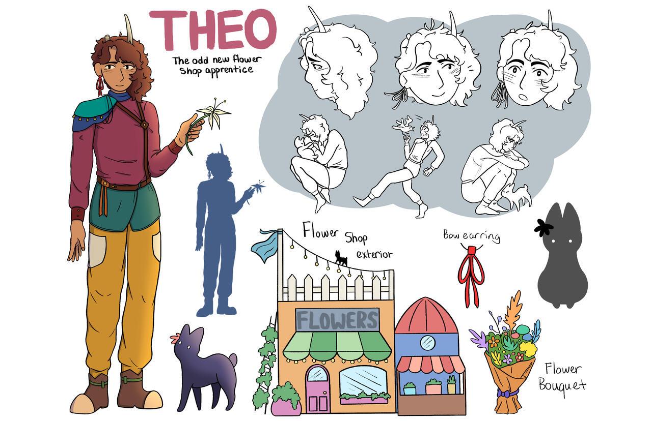 Character study including face studies, full body studies, a flour shop, and a pet cat. The character is Theo, a new flower show apprentice. Theo has short hair and a broken horn on the left and long hair and a full horn on the right side of their head. They wear a burgundy long-sleeve top with a blue decorative shoulder, yellow pants with a short green apron, and brown boots with lighter toes..