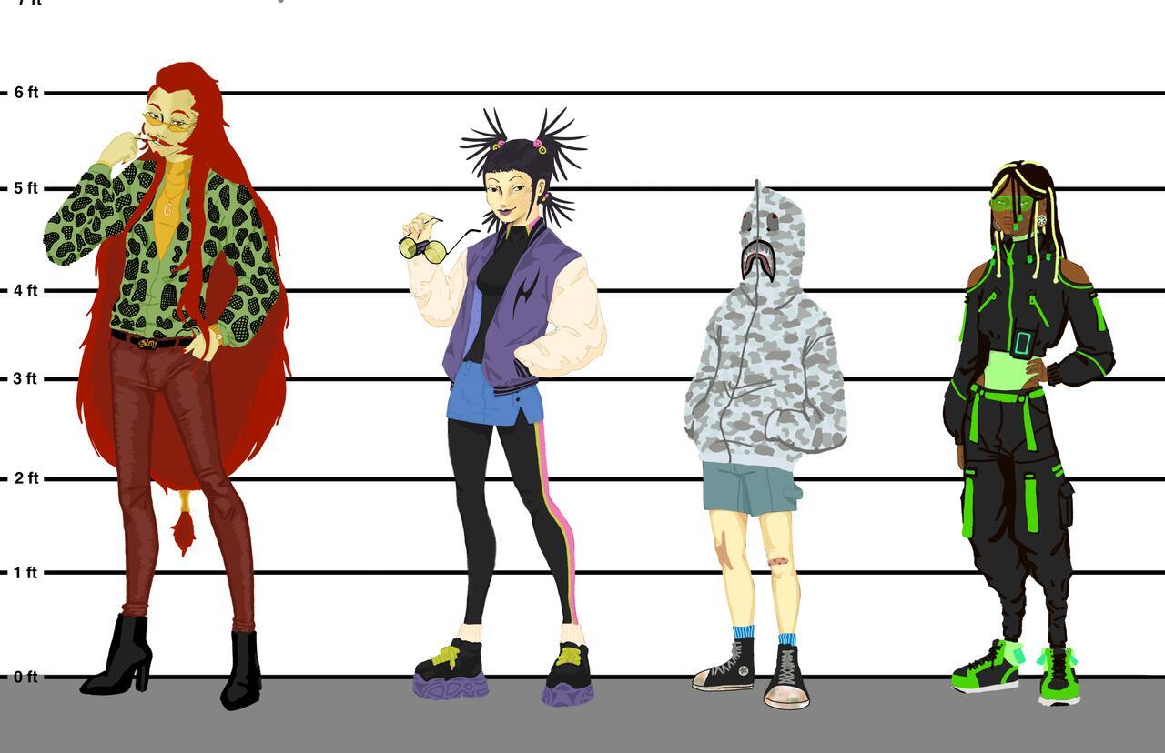 Character study including four characters all lined up against a white wall with black horizontal stripes. Left to right we see a tall character with long red hair, a patterned top and tight leggings. Next is a character with black spiked hair, a purple jacket with white sleeves, a short blue skirt and black tights. Next is the shortest character wearing a hoodie that goes all the way over the face and has a cartoon face on the front of the hood, and wears green shorts. Lastly, we see a character wearing al