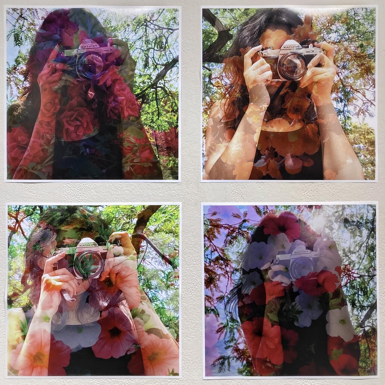 Color photograph featuring four views (2x2). The main image in each is a student holding a camera up to her face. Each image is subtly different, using double exposures of plants to vary the color and texture.