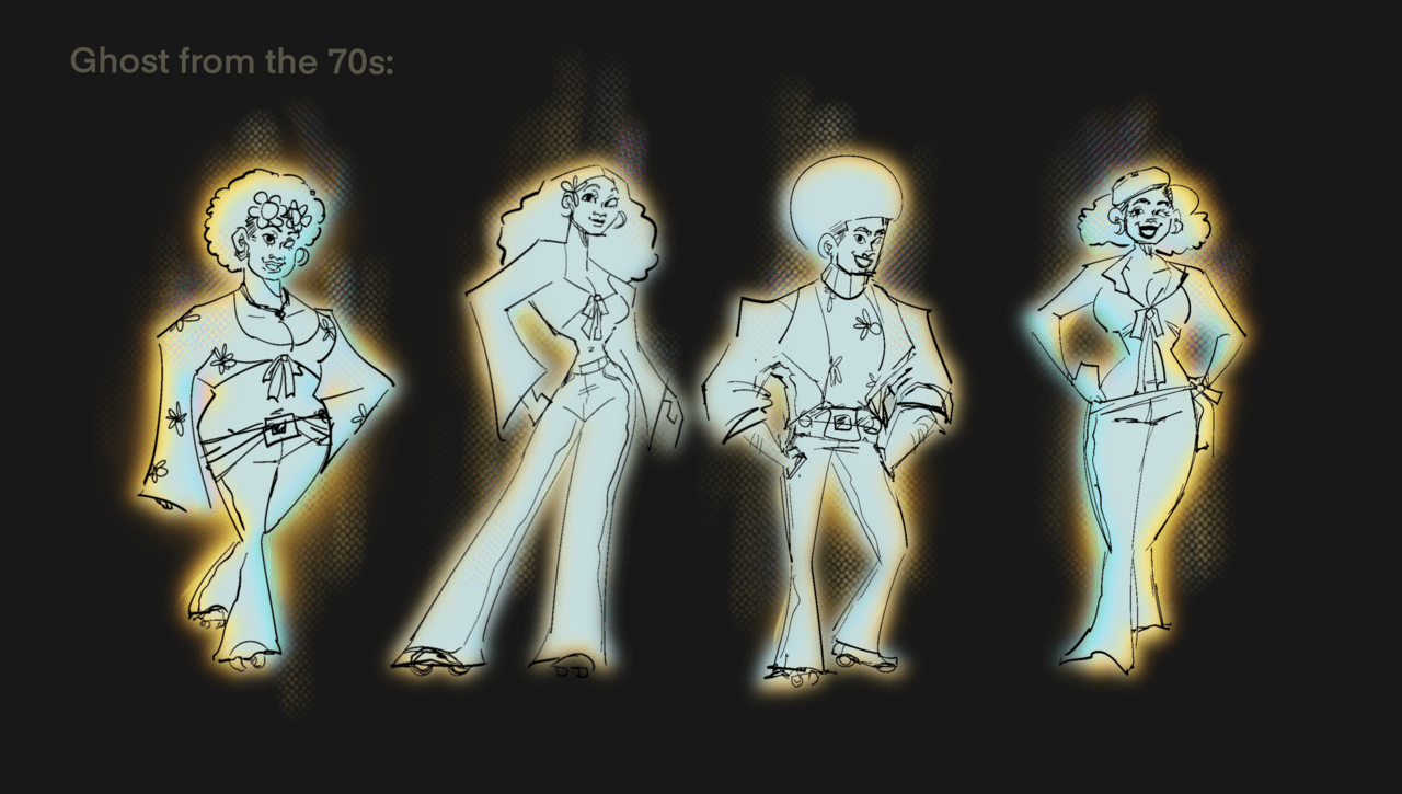 Character study including four ghost characters. They are dressed as if they are going out in the 1970's. They are in all white and glowing against a dark background.