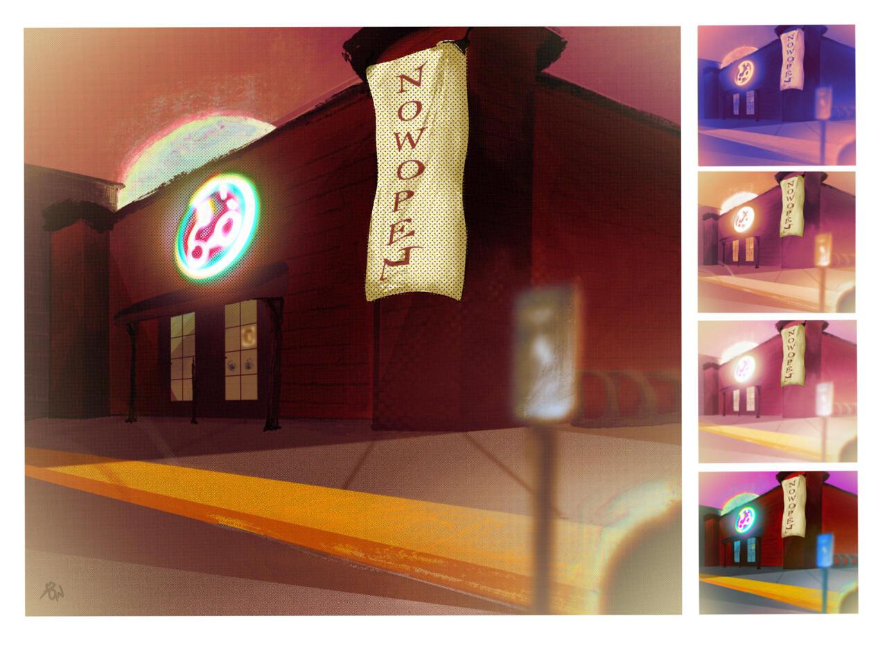 Digital drawing of a night scene. There is one large image on the left and four smaller versions in different colors stacked on the right. The viewer looks at the outside of a roller rink building with a now open sigh hanging. The moon peaks over the building.