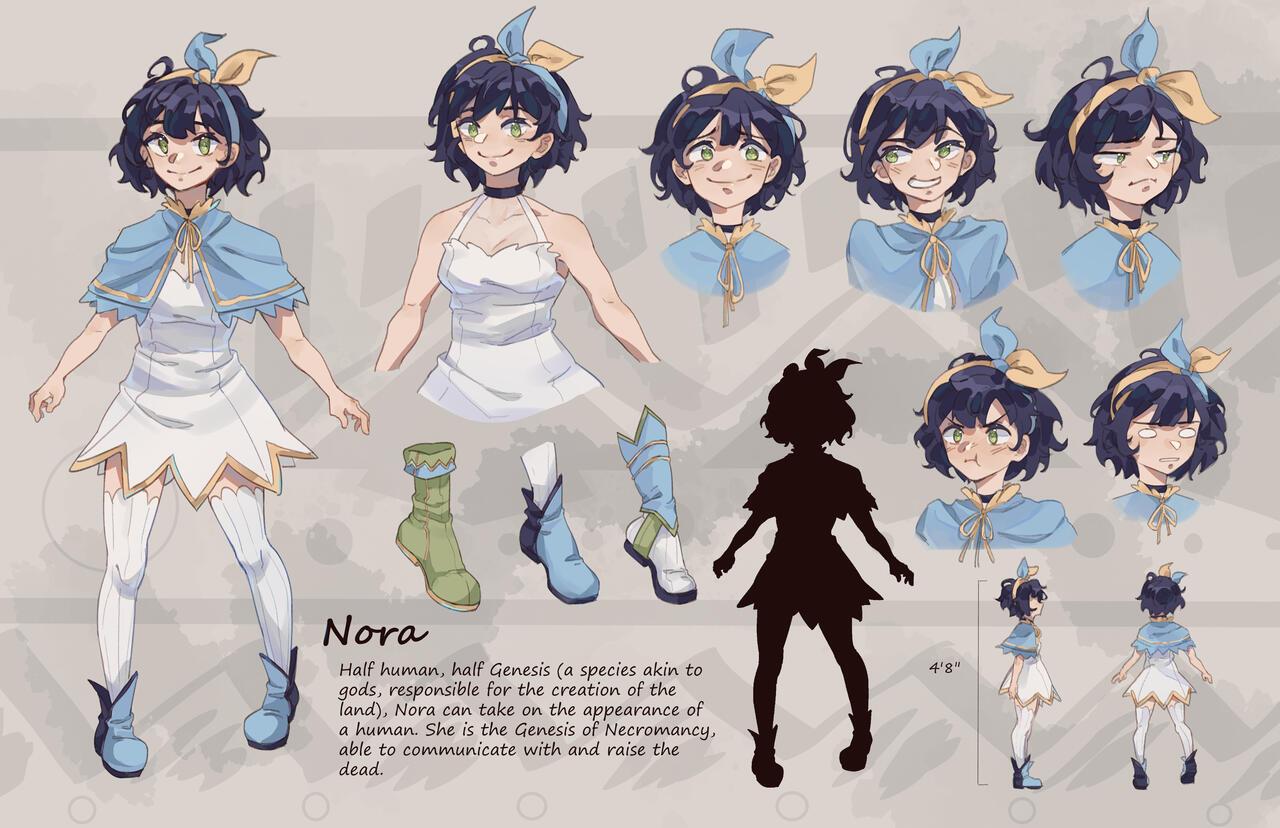 Character study with one full body illustration of a girl with short black hair wearing a white dress and white tights. She is also wearing a blue shawl and blue boots. The image also shows several studies of the face and alternative views of the full body.