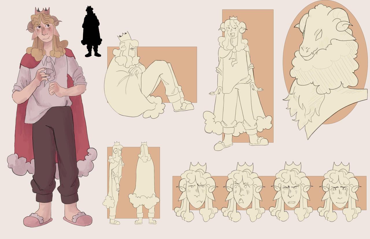 Character study of a part human, part animal king. The full body illustration on the left is fully colored in with soft colors. The poses on the right are line drawings over tan rectangles, filled in with a cream color. The character wears a crown and has small horns curling over his down pointed ears. He has long blonde hair and wears a red cape with fluff around the bottom He also wears a loose shirt, slightly tucked into black pants and slippers to match the cape. 