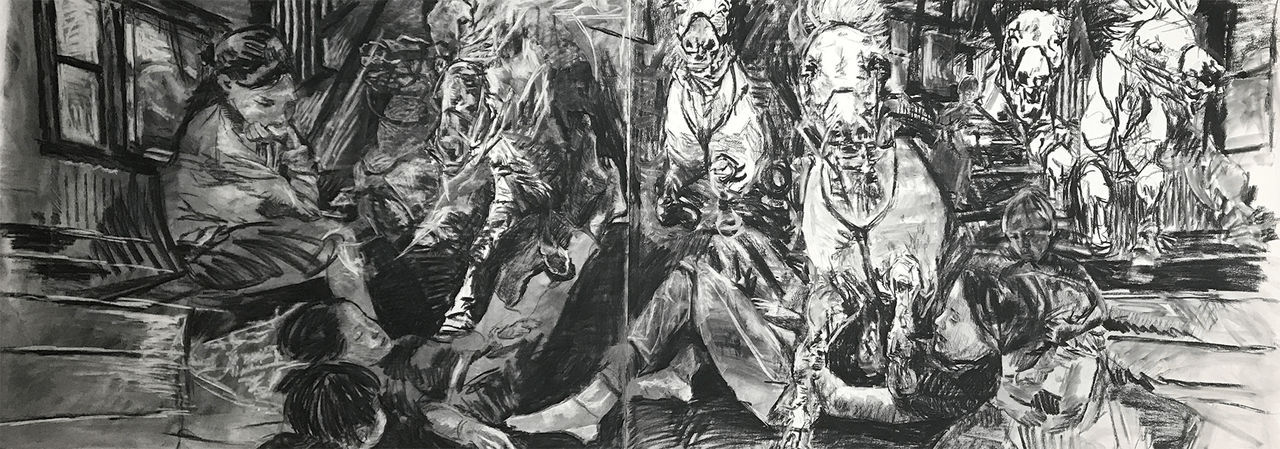 A black and white drawing of horses overlaid upon two people.