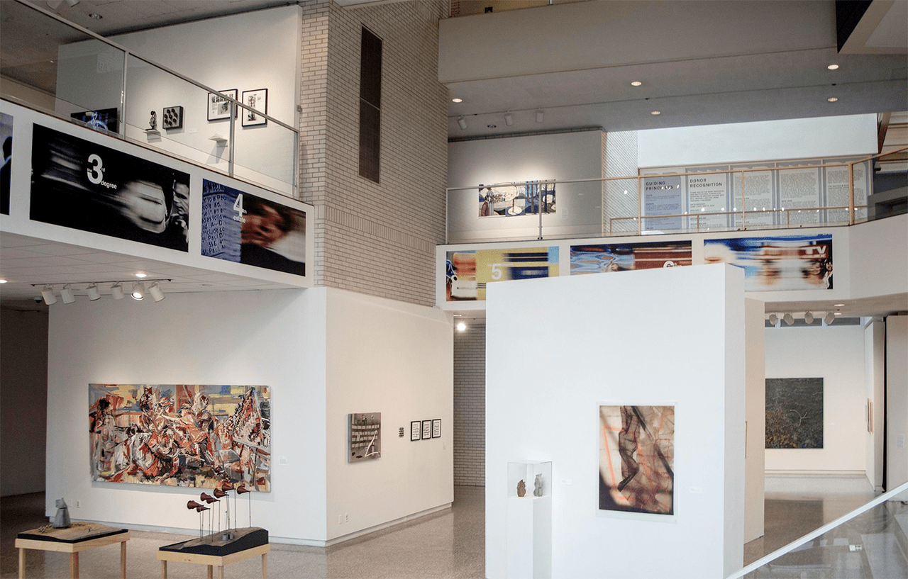 An image of the MCAD Main Gallery during the 2024 Faculty Biennial exhibition.