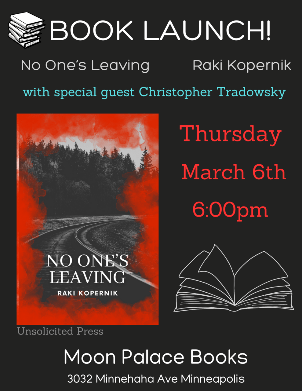 "No One's Leaving" book launch flyer