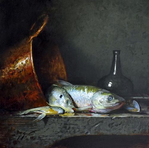 Still life of fish in a copper bucket titled The Catch, By Jeffery Legg.