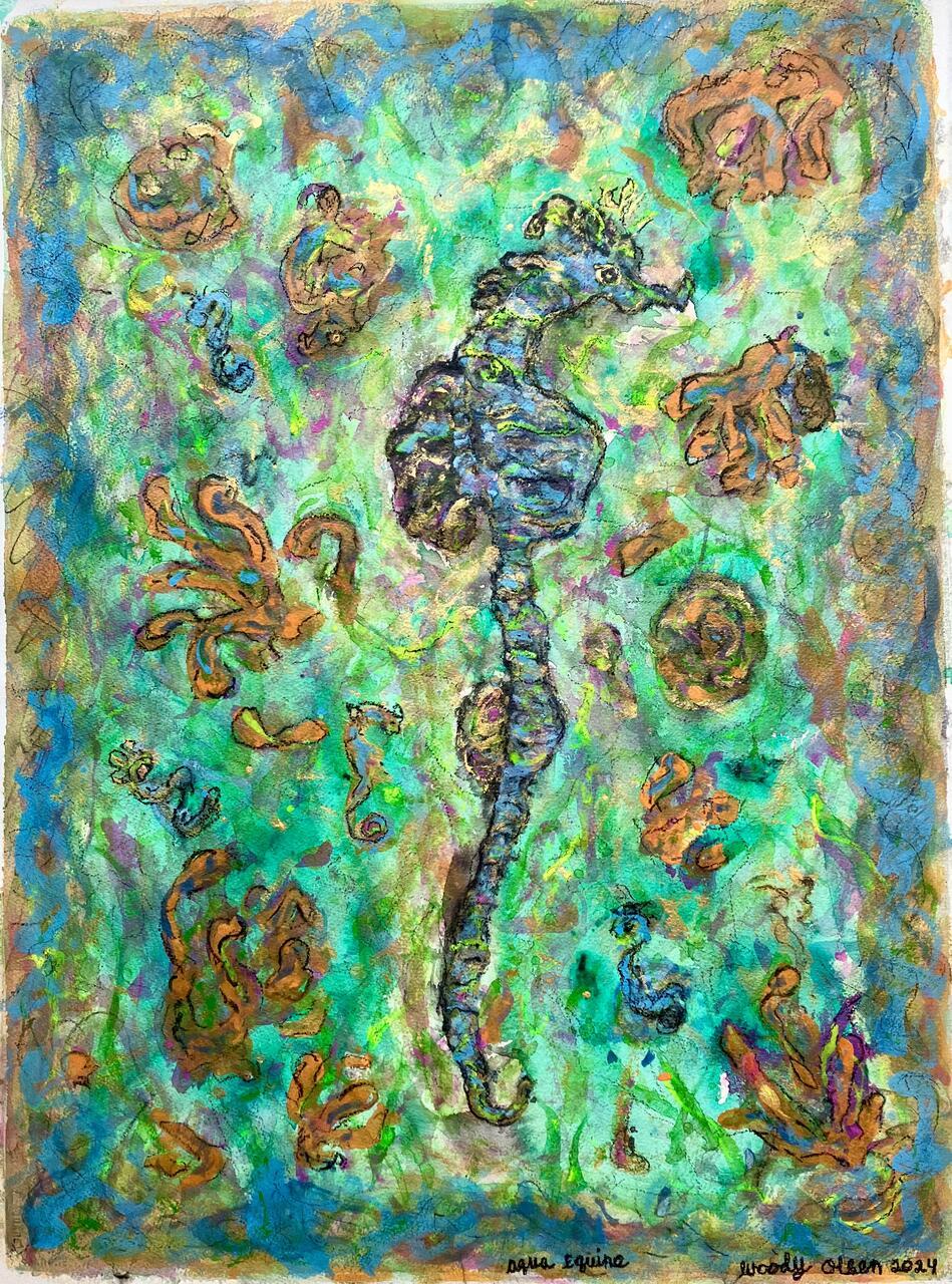 A florescent green and blue painting of a sea horse by Woody Olsen titled Aqua Equina.