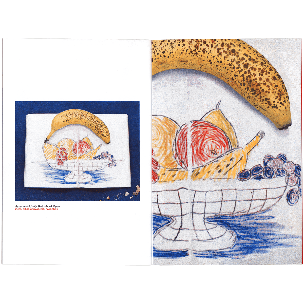 A painting of a banana holding open a sketchbook, with a doodle of a bowl of fruit spanning the spread pages.