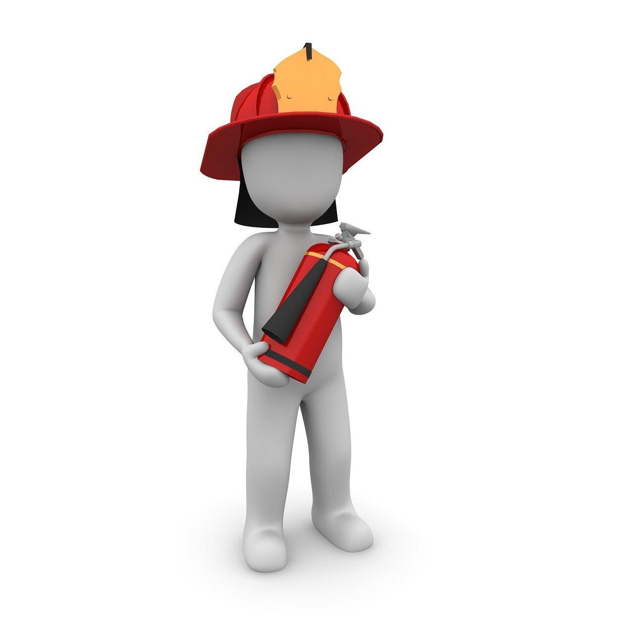 3d rendering of a grey model in a firefighter helmet, holding a fire estingisher.