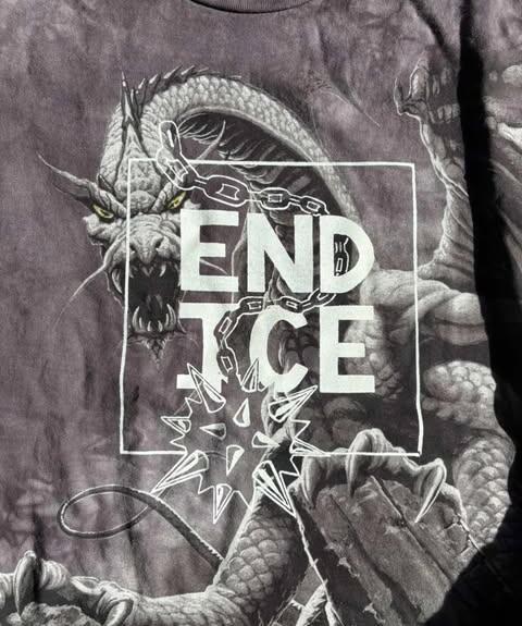 A Dragon T-Shirt woth a screen print on top wth the text "End Ice" and an image of a flail. 