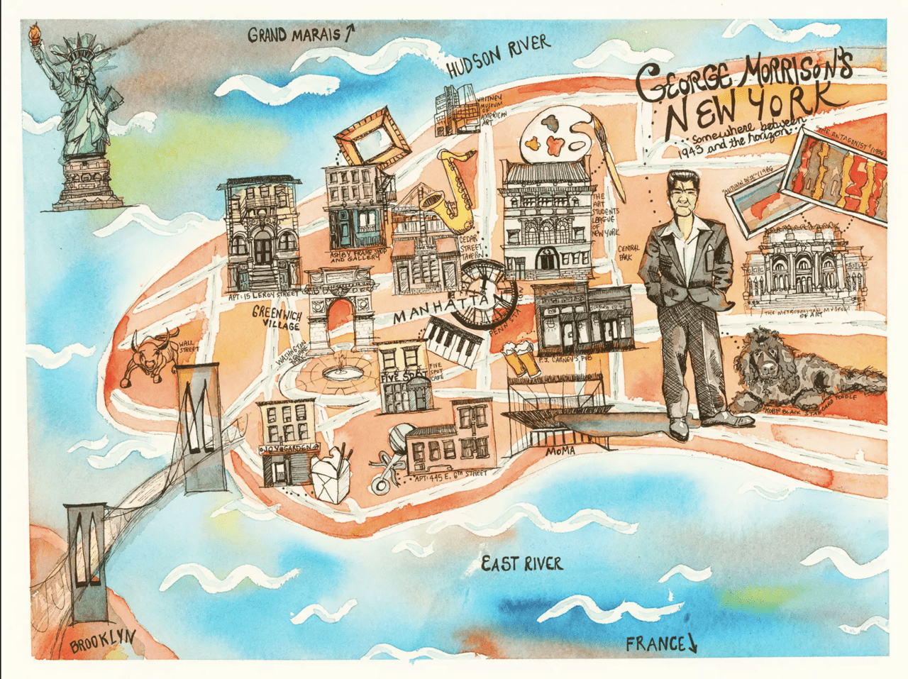 A watercolor and ink psychogeographic map inspiried by George Morrison's time in New York.