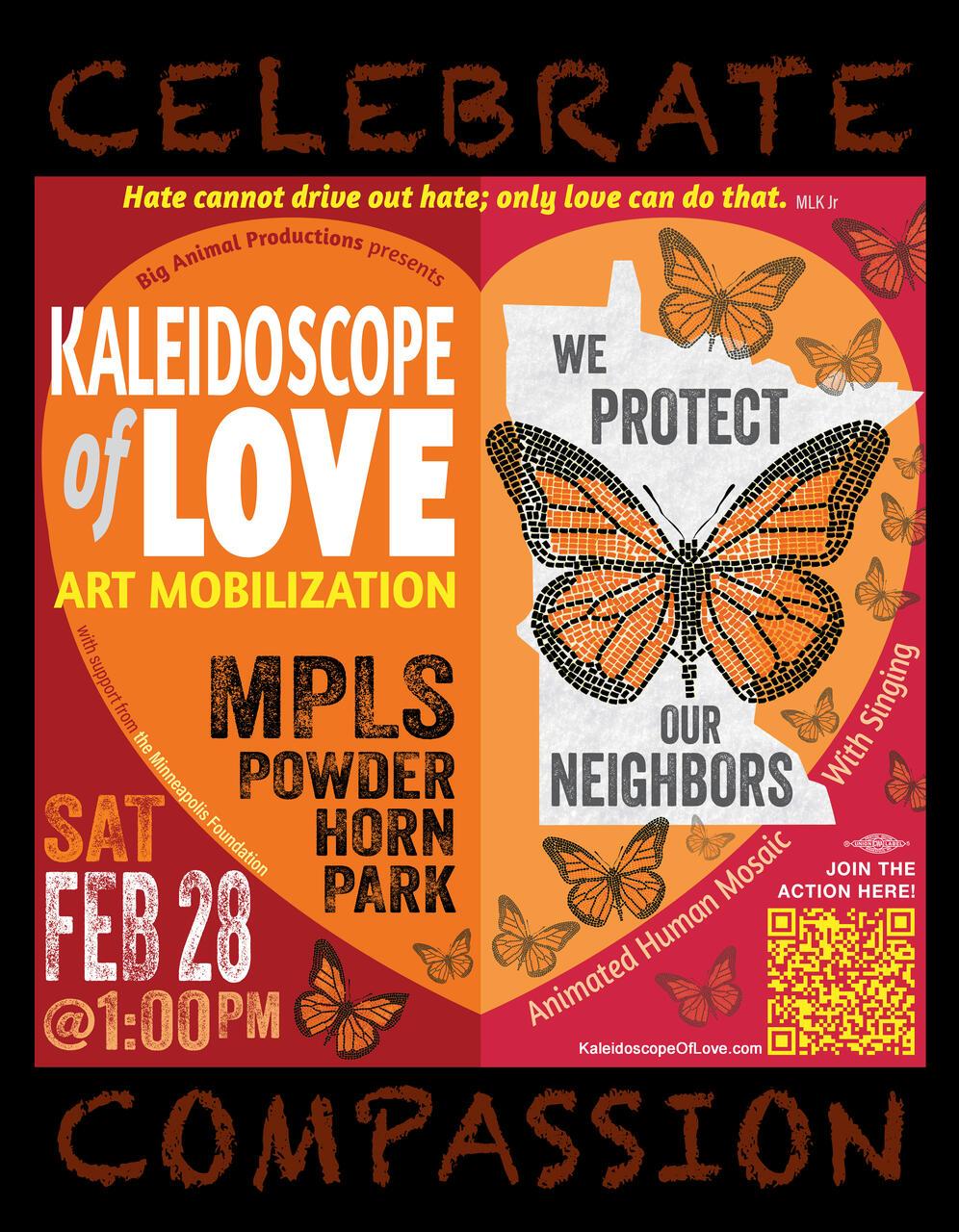 A flyer for the Kaleidoscope of Love project. The poster promintantly features a monarch butterfly over the outline of Minnesota.