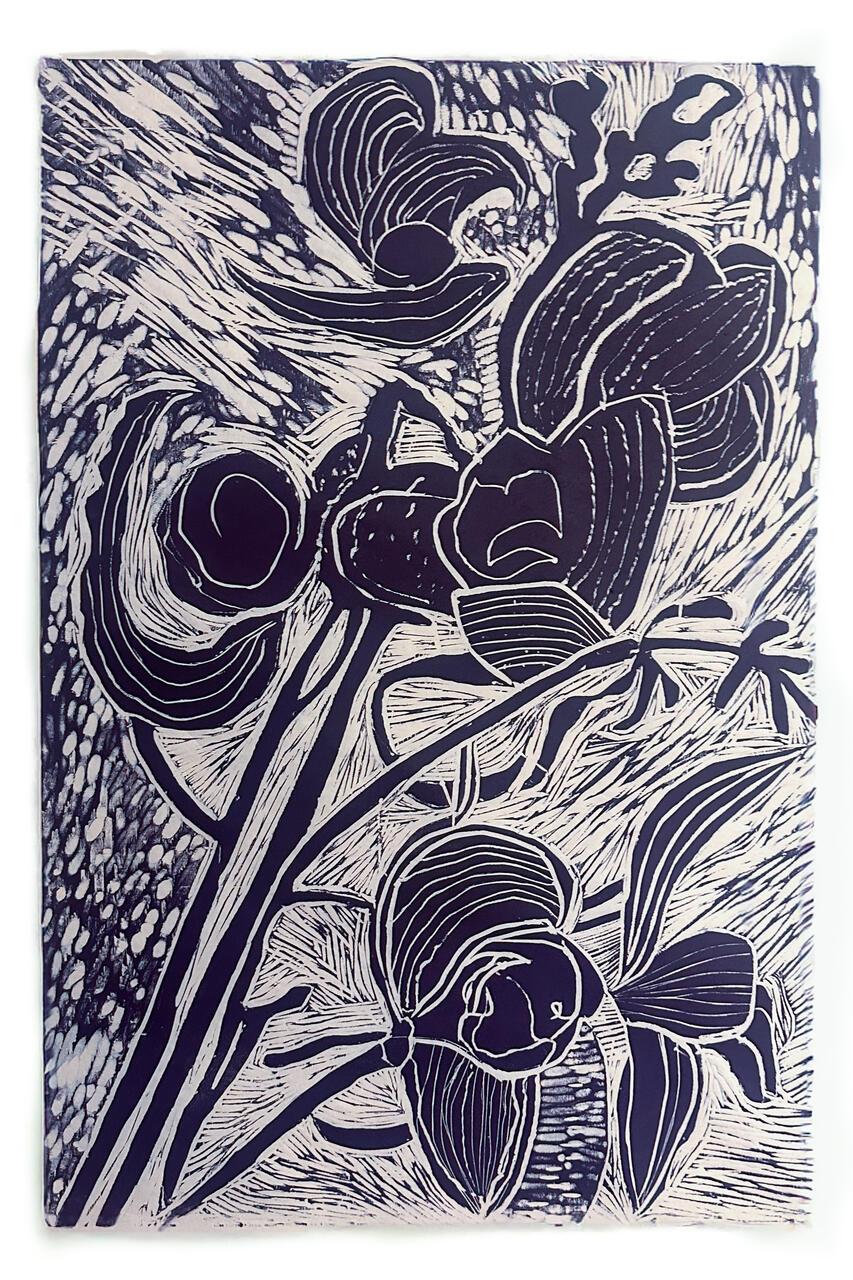 A wood block print of an orchid by Diana Eicher.