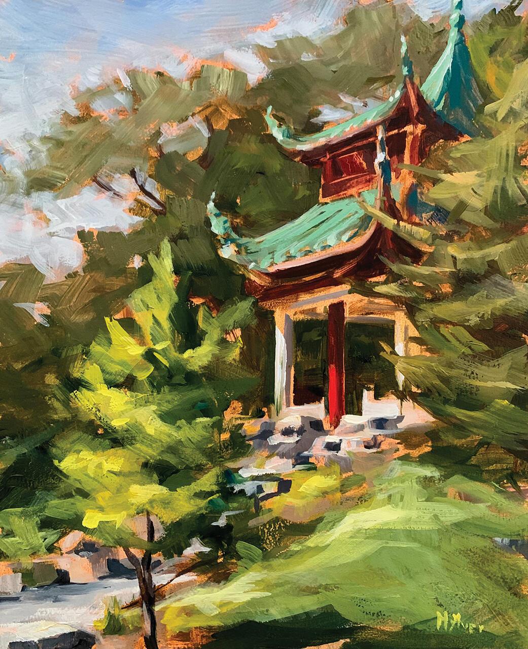 A plein air oil paintging of the the St. Paul-Changsha Friendship Garden in Phalen Regional Park.
