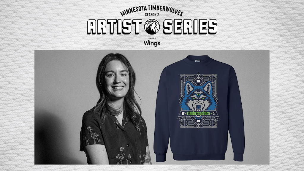 Monica Helland with her Timberwolves' shirt design